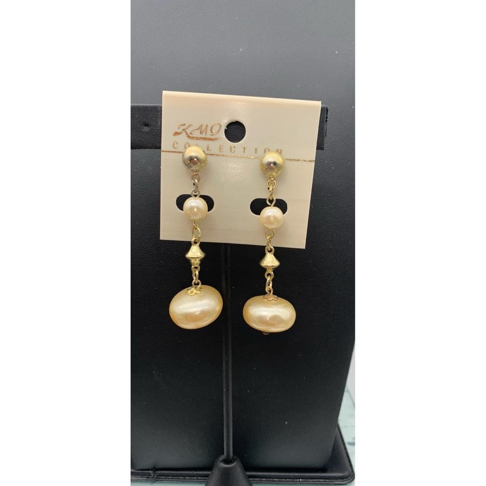 Vintage KMQ NOS Antiqued Gold Tone And Faux Pearl Dangle Pierced Earrings